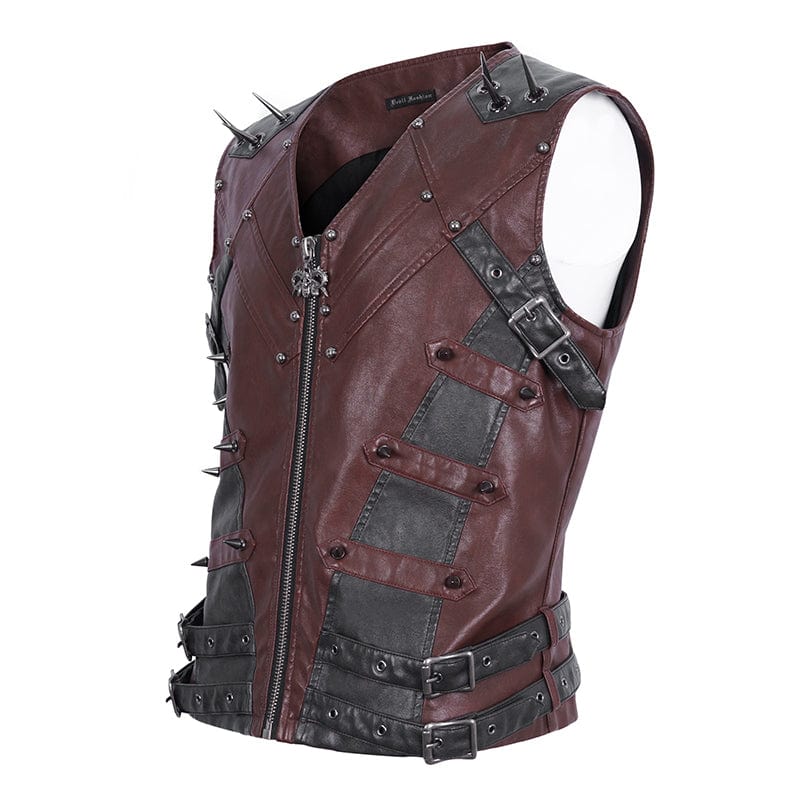 DEVIL FASHION Men's Punk Studded Red Faux Leather Vest