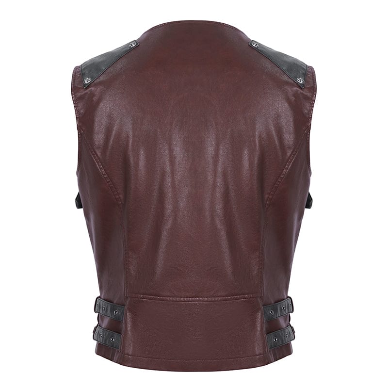 DEVIL FASHION Men's Punk Studded Red Faux Leather Vest