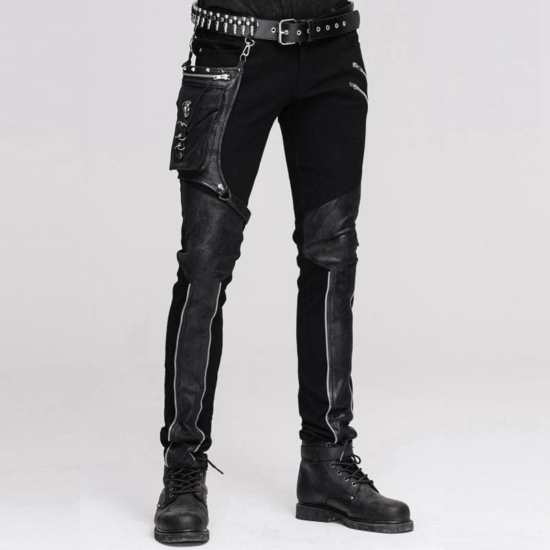 DEVIL FASHION Men's Punk Style Trousers With Faux Leather Patches