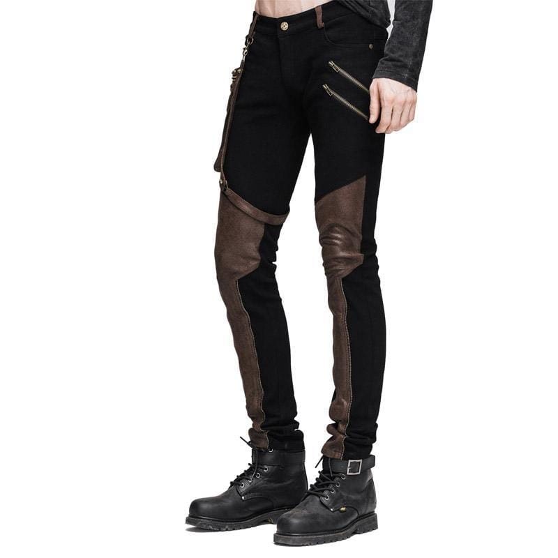 DEVIL FASHION Men's Punk Style Trousers With Faux Leather Patches
