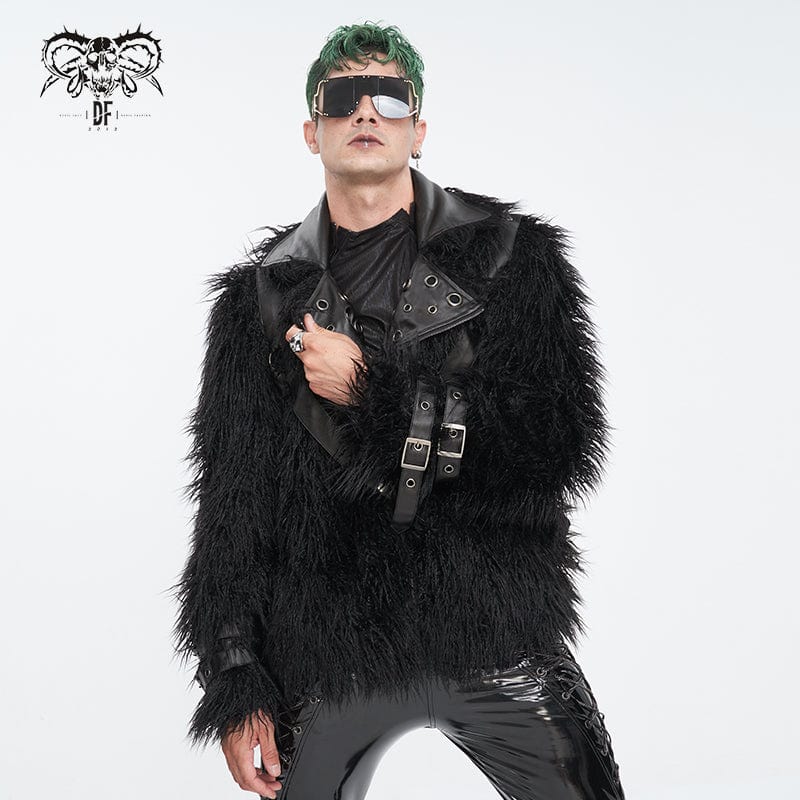DEVIL FASHION Men's Punk Turn-down Collar Faux Fur Jacket