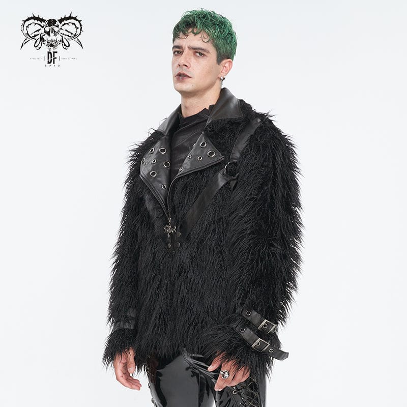 DEVIL FASHION Herren Punk Umlegekragen Kunstpelzjacke