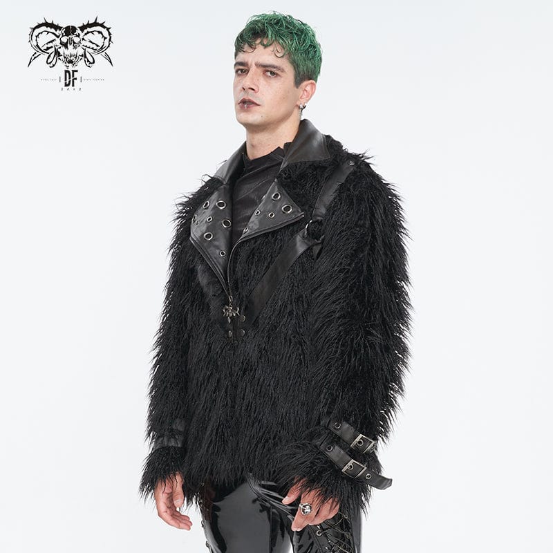 DEVIL FASHION Men's Punk Turn-down Collar Faux Fur Jacket