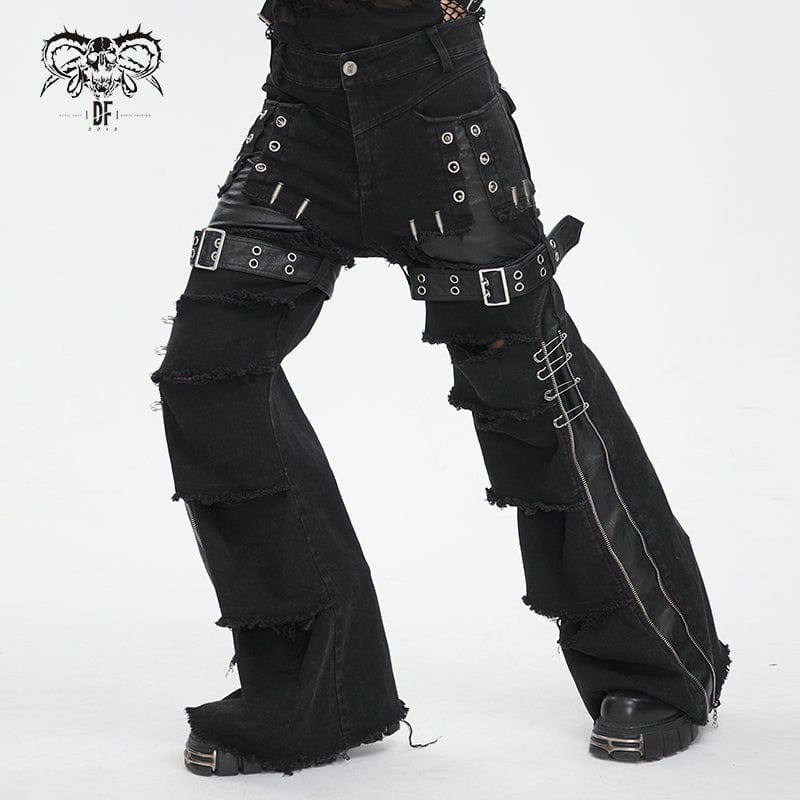 DEVIL FASHION Men's Punk Unedged Faux Leather Splice Flared Pants