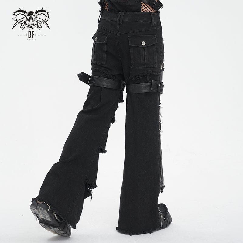 DEVIL FASHION Men's Punk Unedged Faux Leather Splice Flared Pants