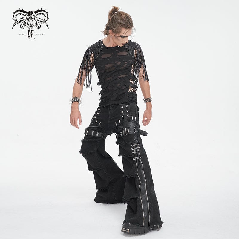 DEVIL FASHION Men's Punk Unedged Faux Leather Splice Flared Pants