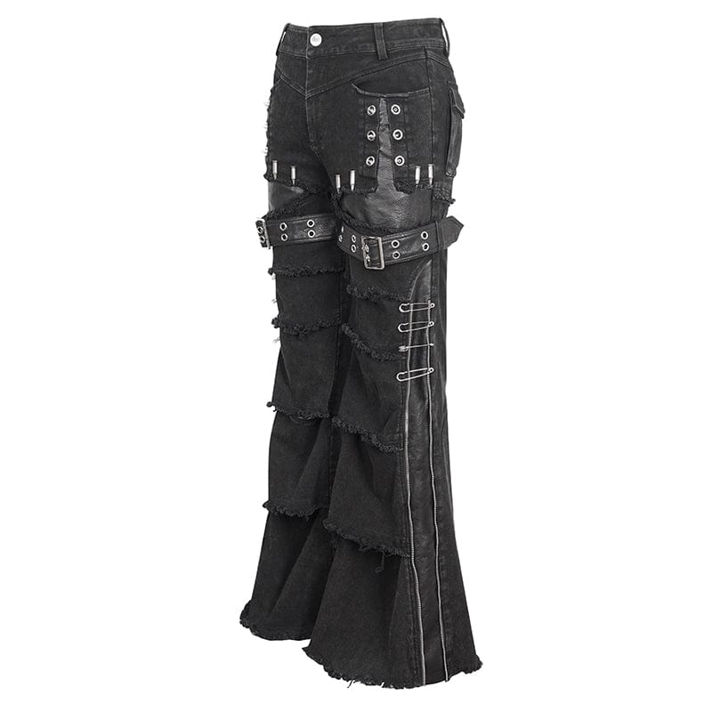 DEVIL FASHION Men's Punk Unedged Faux Leather Splice Flared Pants