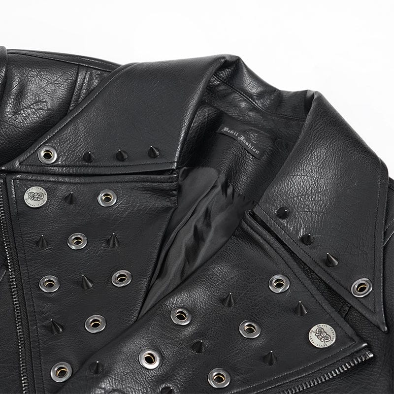DEVIL FASHION Men's Punk Wide Lapel Collar Studded Biker Jacket