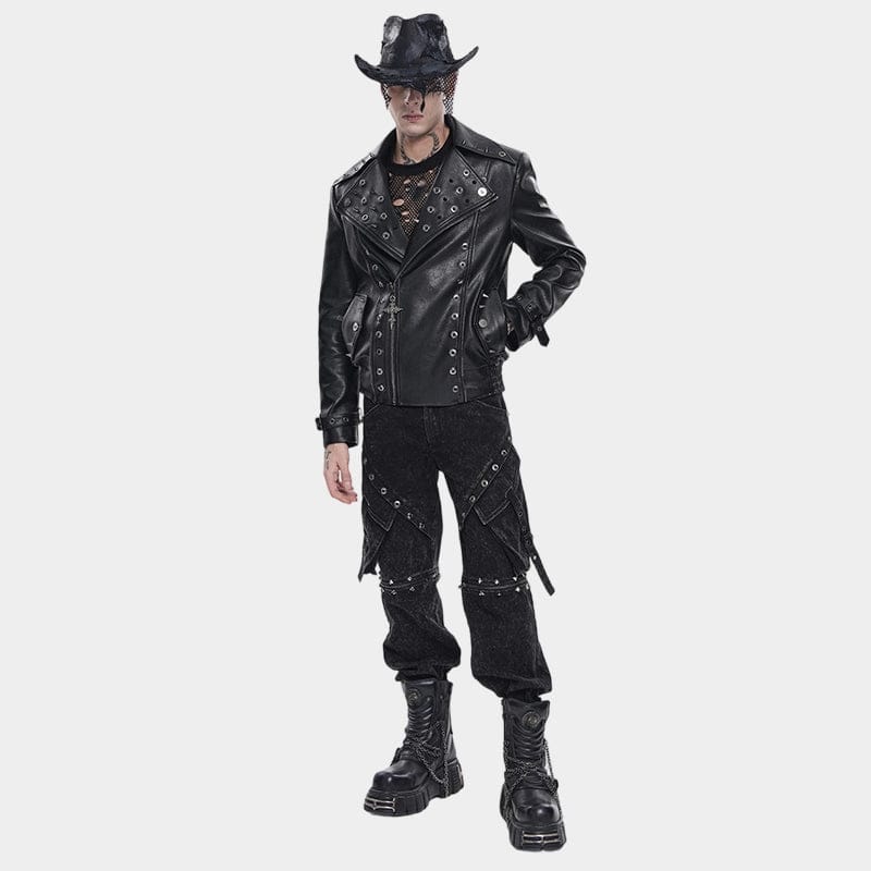 DEVIL FASHION Men's Punk Wide Lapel Collar Studded Biker Jacket