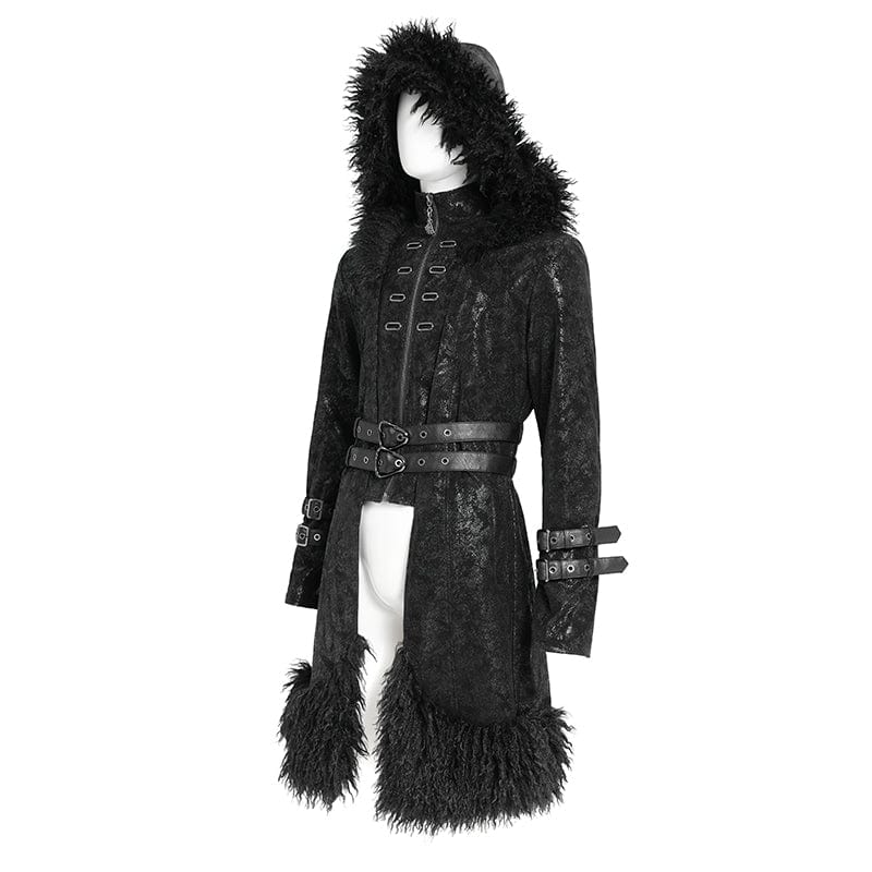 Men's Punk Zip Stand Collar Hooded Coat with Detachable Belt