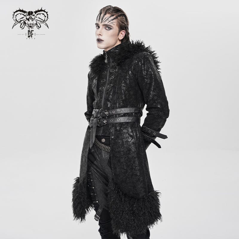Men's Punk Zip Stand Collar Hooded Coat with Detachable Belt