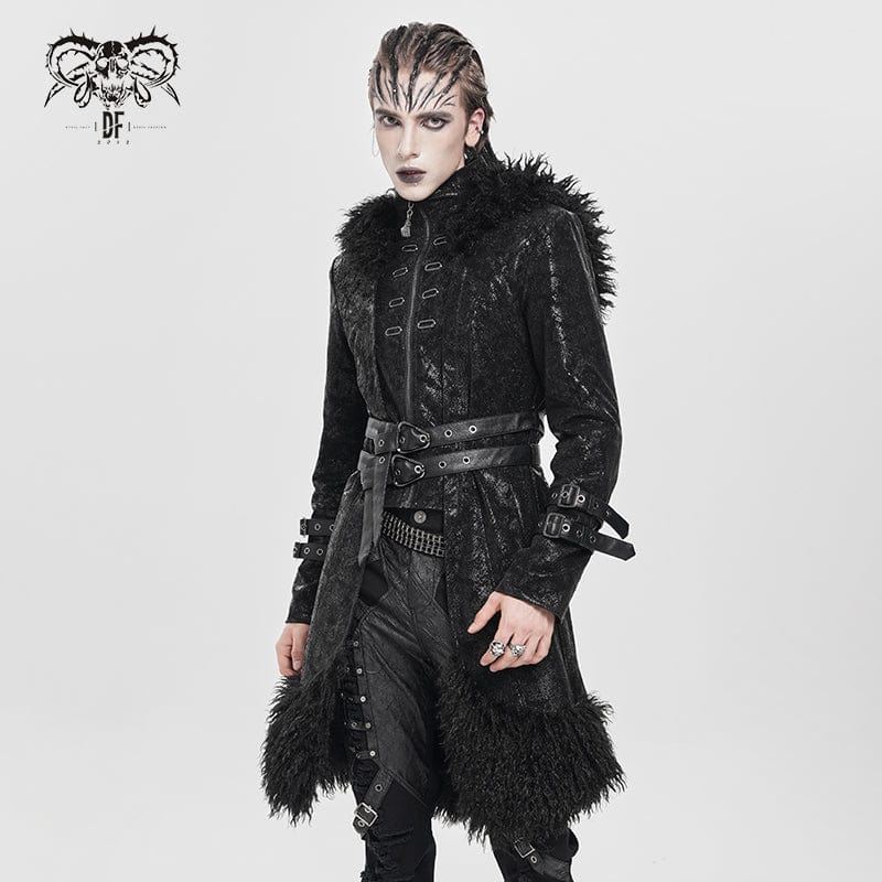 Men's Punk Zip Stand Collar Hooded Coat with Detachable Belt