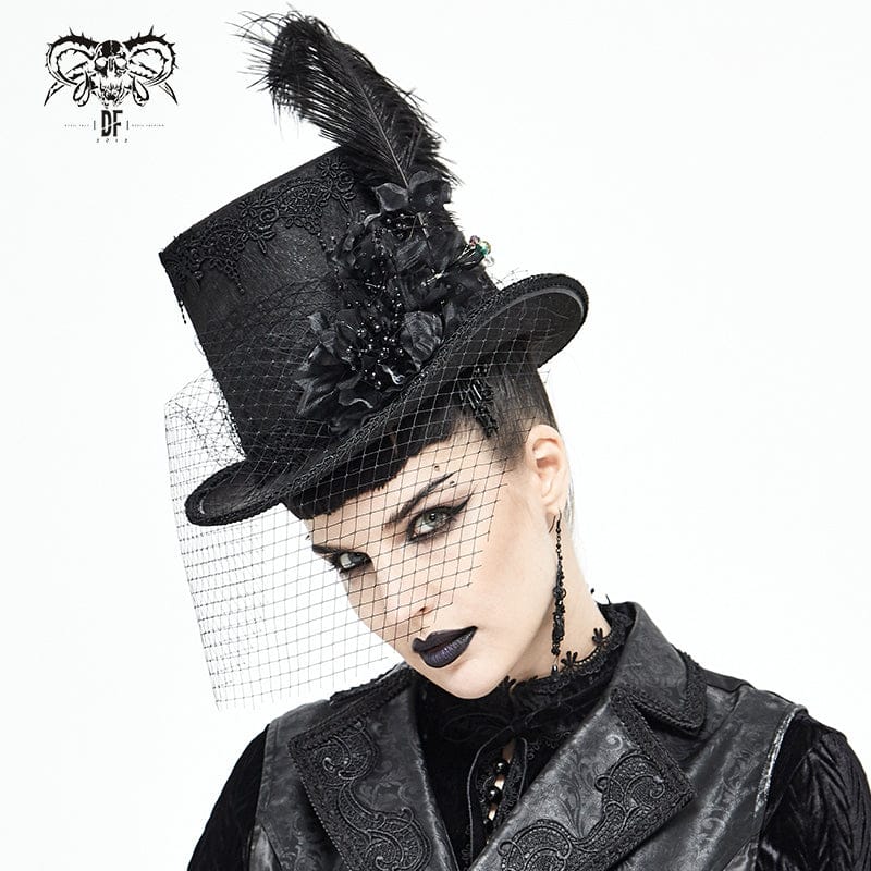 DEVIL FASHION Unisex Gothic Noir Floral Feather Top Hat with Net Veil