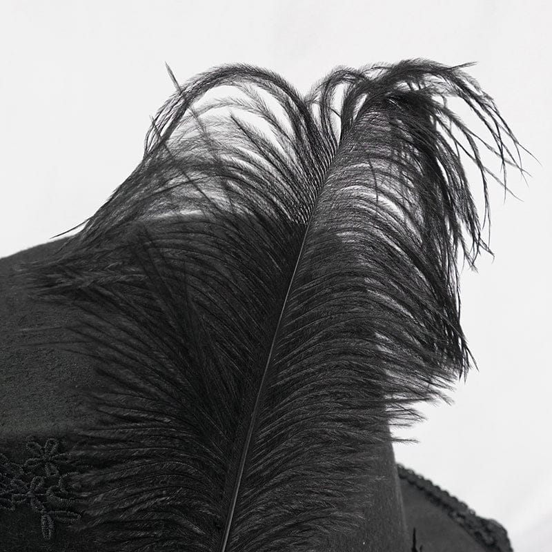 DEVIL FASHION Unisex Gothic Noir Floral Feather Top Hat with Net Veil