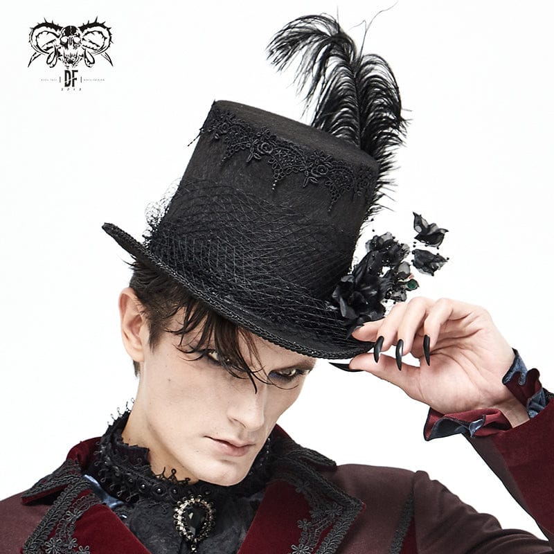 DEVIL FASHION Unisex Gothic Noir Floral Feather Top Hat with Net Veil