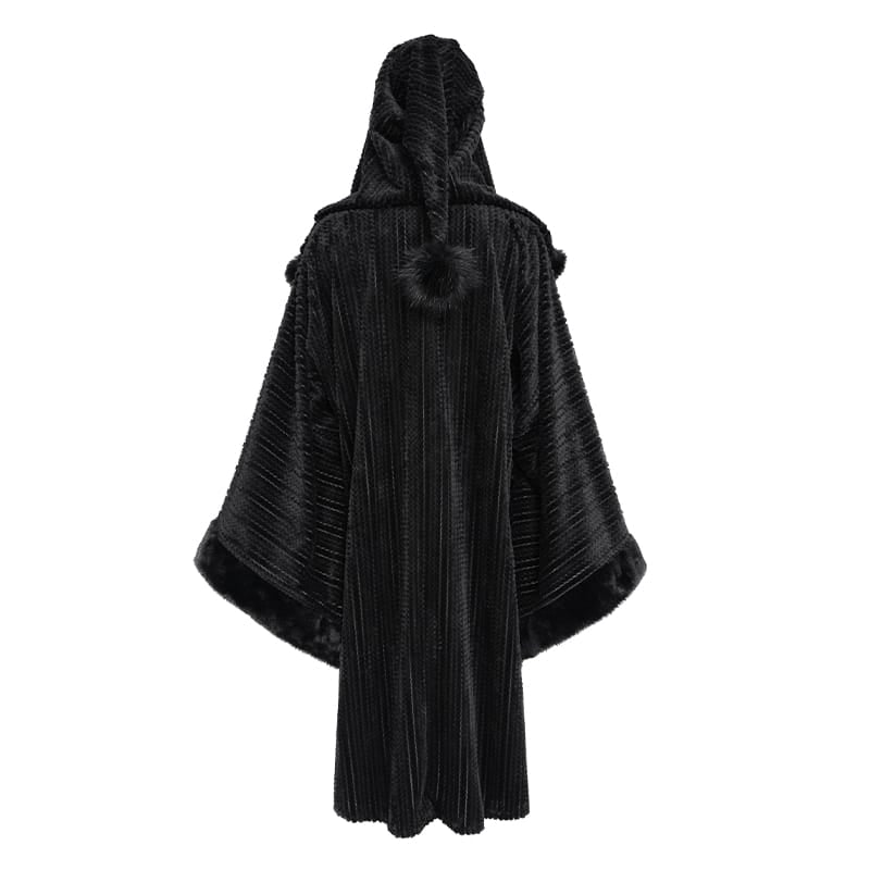 DEVIL FASHION Women Gothic Faux Fur Trim Witch Hooded Long Coat