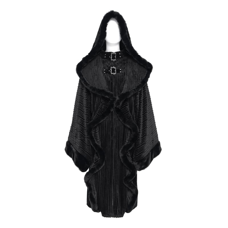 DEVIL FASHION Women Gothic Faux Fur Trim Witch Hooded Long Coat