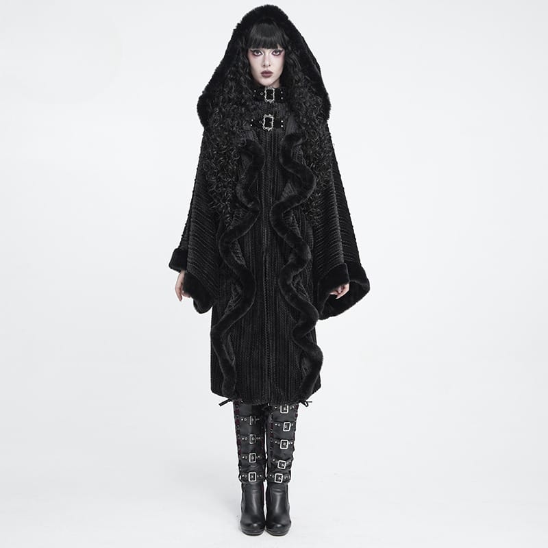 DEVIL FASHION Women Gothic Faux Fur Trim Witch Hooded Long Coat