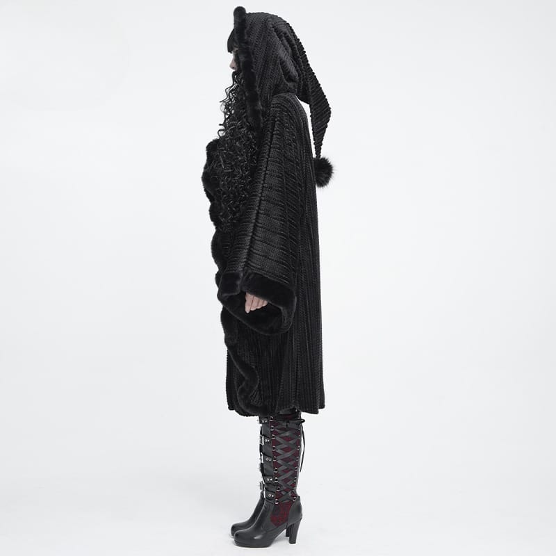 DEVIL FASHION Women Gothic Faux Fur Trim Witch Hooded Long Coat