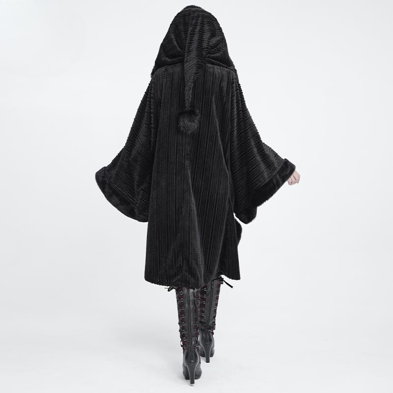 DEVIL FASHION Women Gothic Faux Fur Trim Witch Hooded Long Coat