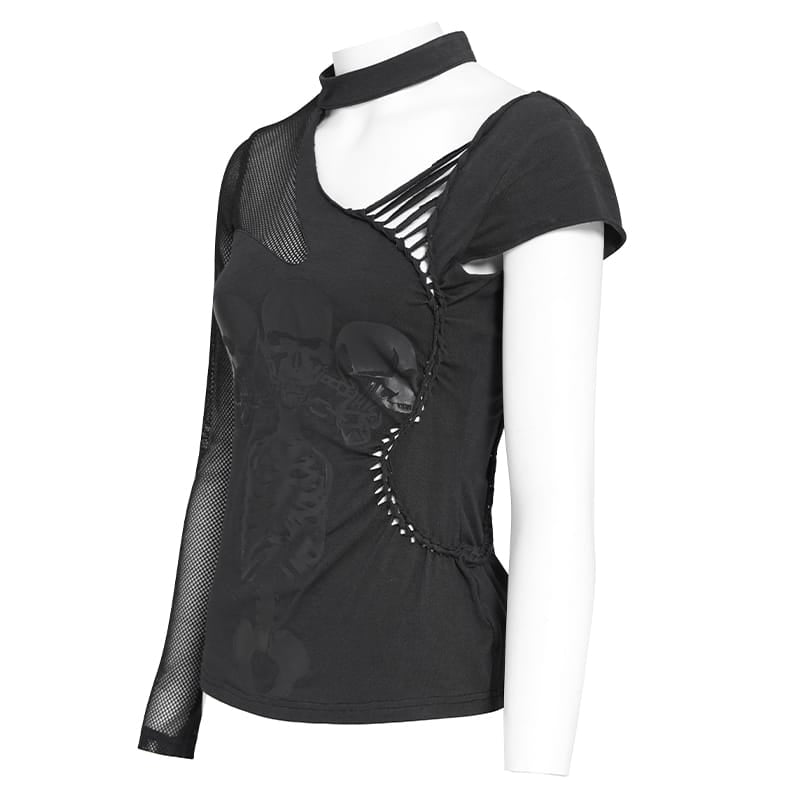 T-shirt asimmetrica gotica da donna DEVIL FASHION con motivo scheletro