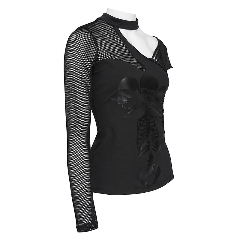 T-shirt asimmetrica gotica da donna DEVIL FASHION con motivo scheletro