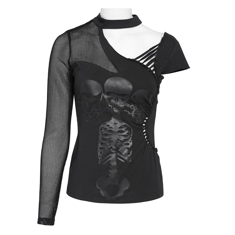 T-shirt asimmetrica gotica da donna DEVIL FASHION con motivo scheletro