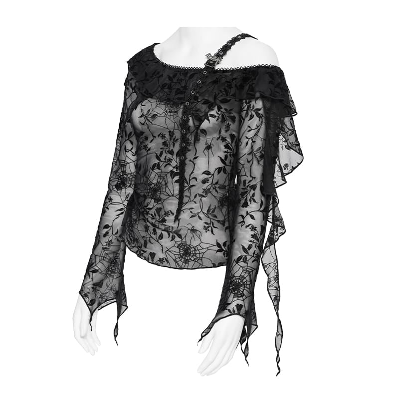 DEVIL FASHION Women's Gothic Asymmetric Floral Cobweb Mesh Top