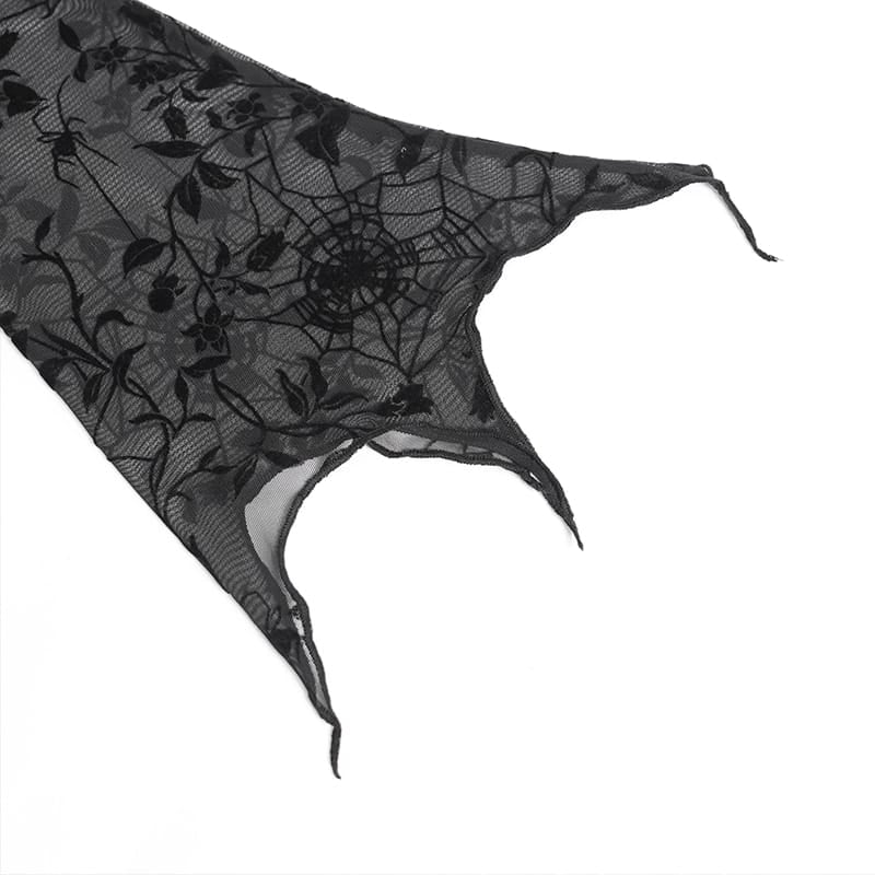 DEVIL FASHION Women's Gothic Asymmetric Floral Cobweb Mesh Top