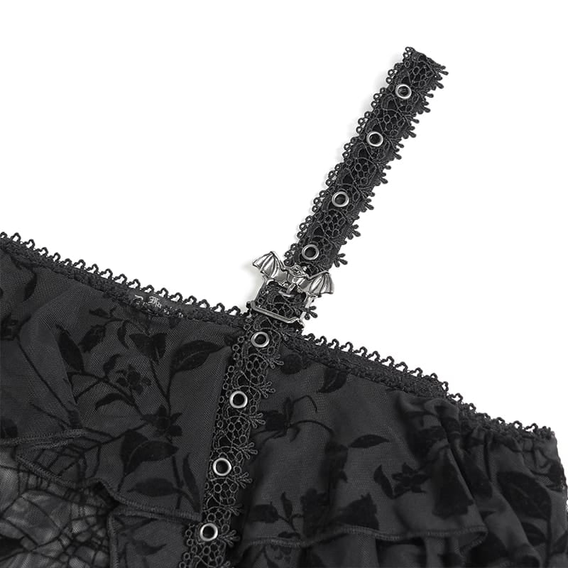 DEVIL FASHION Women's Gothic Asymmetric Floral Cobweb Mesh Top