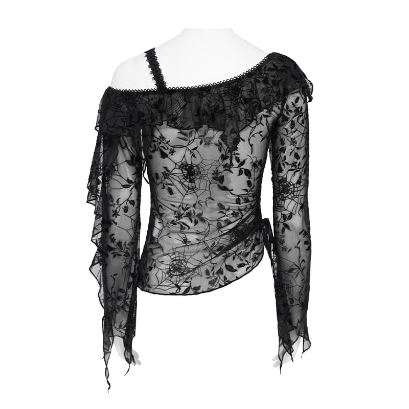 DEVIL FASHION Women's Gothic Asymmetric Floral Cobweb Mesh Top