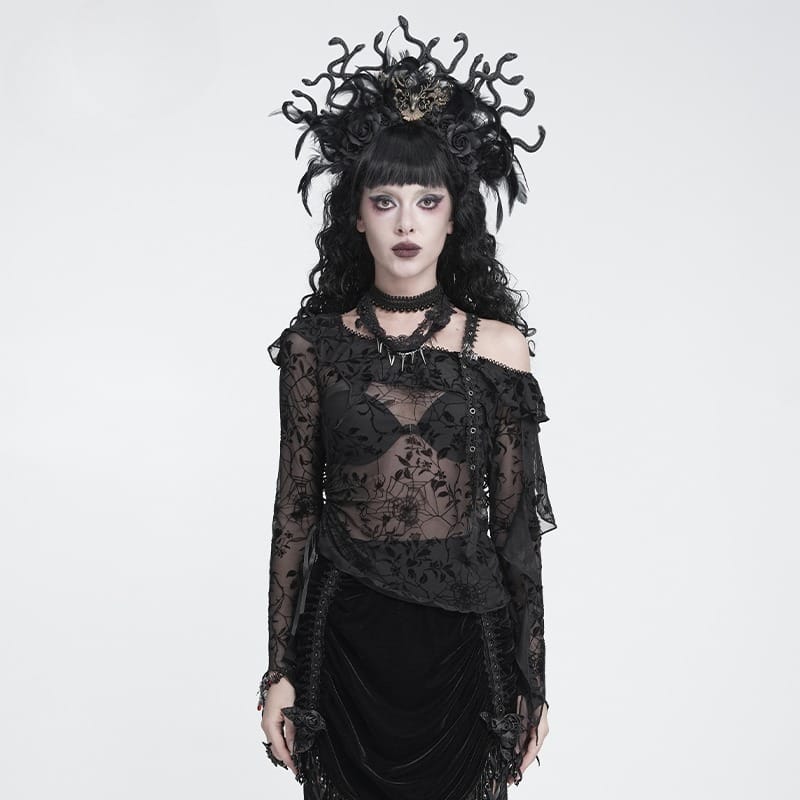 DEVIL FASHION Women's Gothic Asymmetric Floral Cobweb Mesh Top