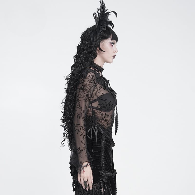 DEVIL FASHION Women's Gothic Asymmetric Floral Cobweb Mesh Top