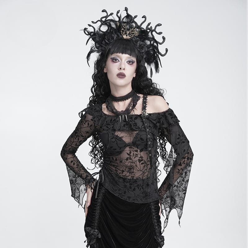 DEVIL FASHION Women's Gothic Asymmetric Floral Cobweb Mesh Top