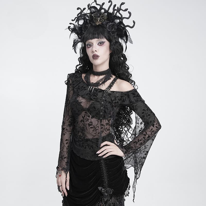 DEVIL FASHION Women's Gothic Asymmetric Floral Cobweb Mesh Top