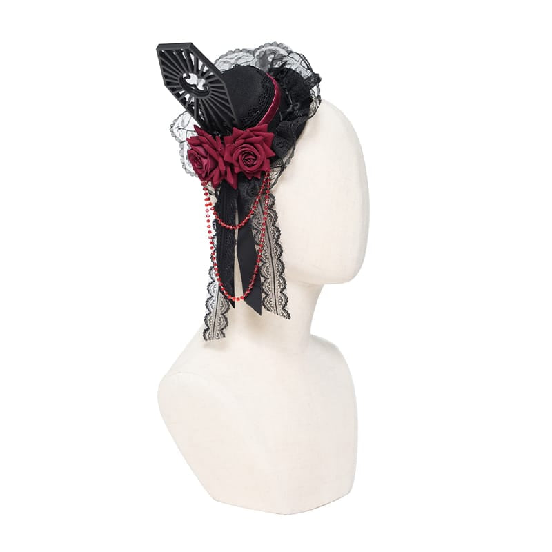 DEVIL FASHION Women's Gothic Beaded Rose Tulle Veil Mini Top Hat