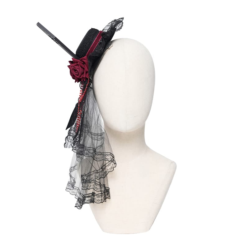 DEVIL FASHION Women's Gothic Beaded Rose Tulle Veil Mini Top Hat