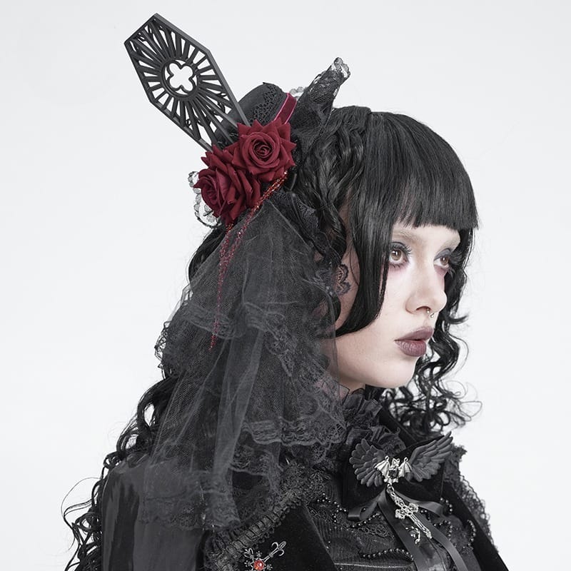 DEVIL FASHION Women's Gothic Beaded Rose Tulle Veil Mini Top Hat
