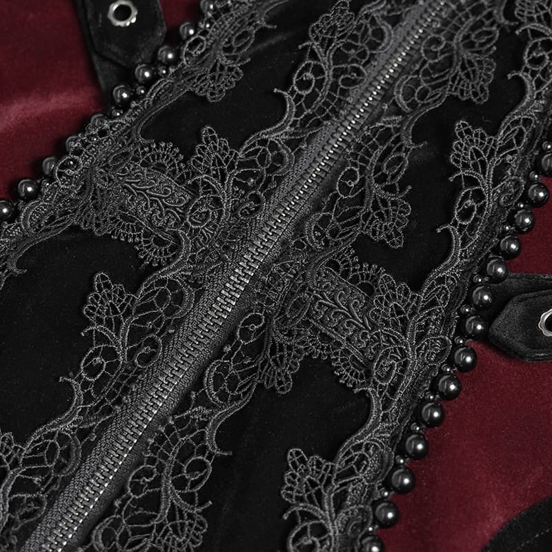 DEVIL FASHION Women's Gothic Beaded Trim Buckle Strap Zip Jacket Black