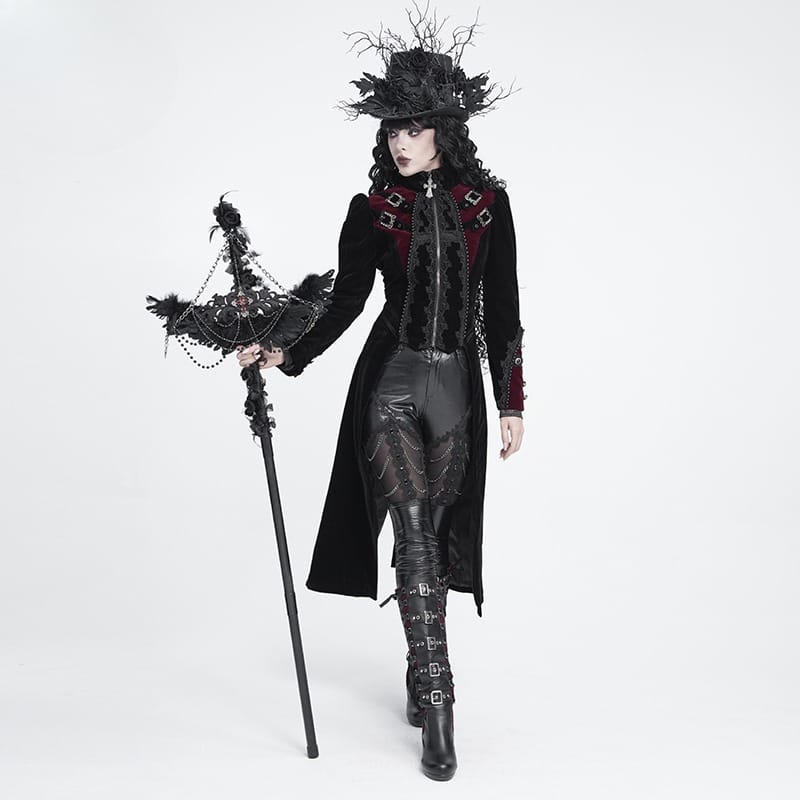 DEVIL FASHION Women's Gothic Beaded Trim Buckle Strap Zip Jacket Black