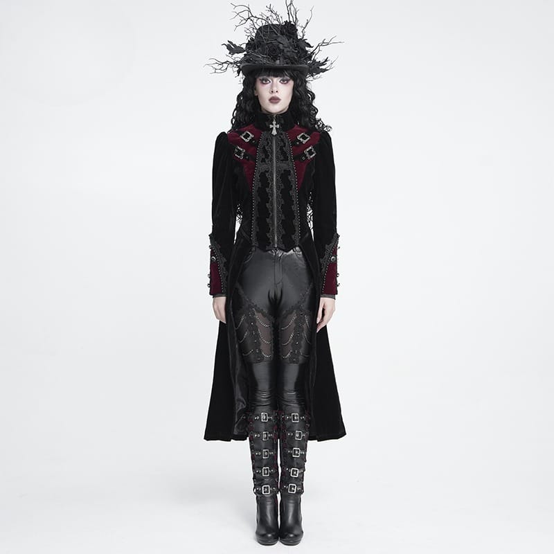 DEVIL FASHION Women's Gothic Beaded Trim Buckle Strap Zip Jacket Black