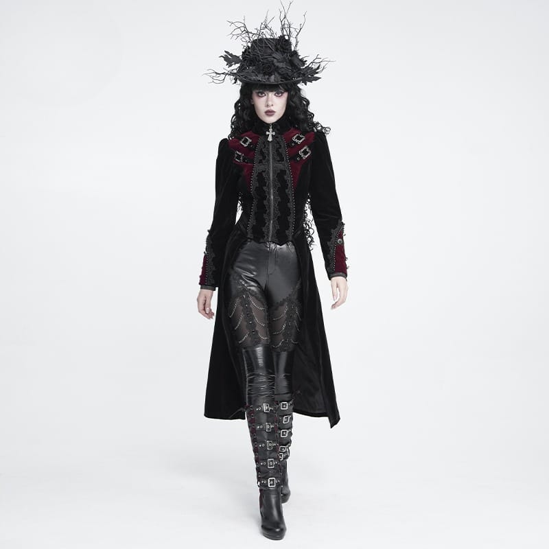 DEVIL FASHION Women's Gothic Beaded Trim Buckle Strap Zip Jacket Black