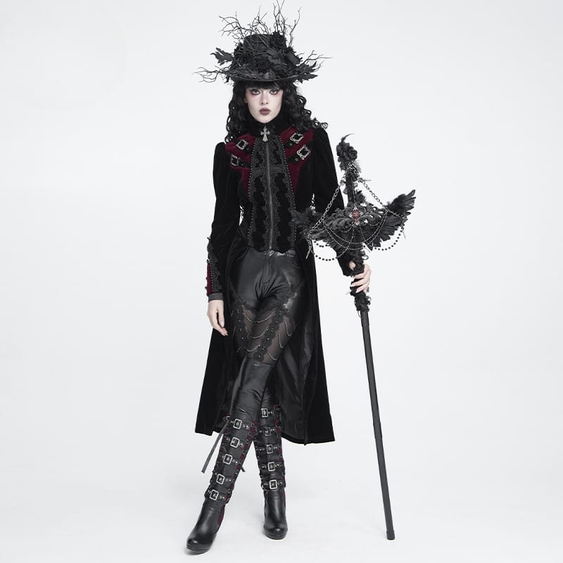 DEVIL FASHION Women's Gothic Beaded Trim Buckle Strap Zip Jacket Black