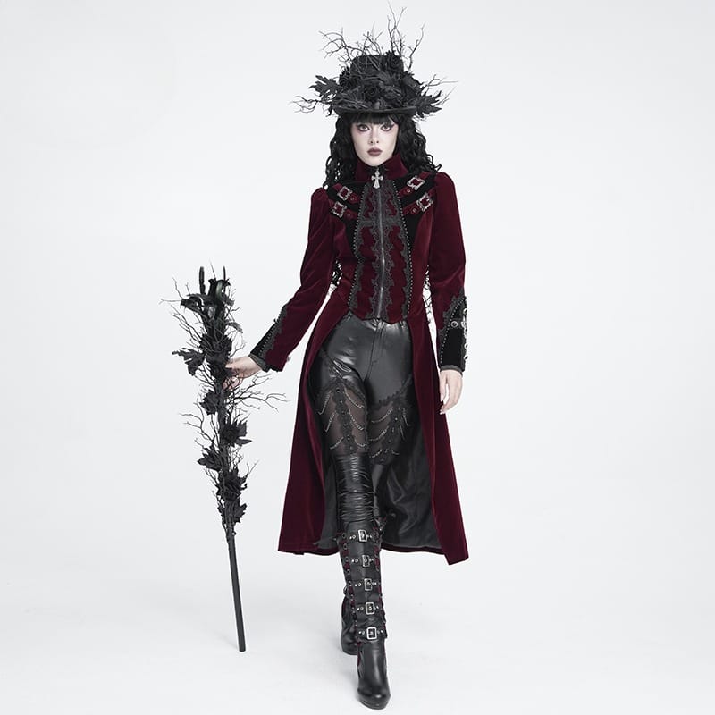 DEVIL FASHION Women's Gothic Beaded Trim Buckle Strap Zip Jacket Red