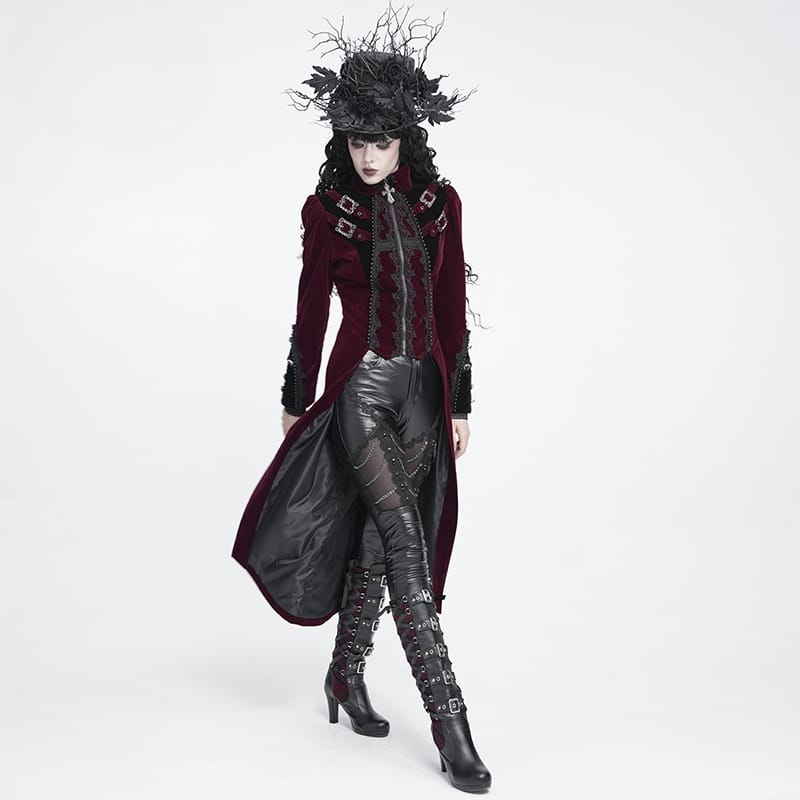 DEVIL FASHION Women's Gothic Beaded Trim Buckle Strap Zip Jacket Red