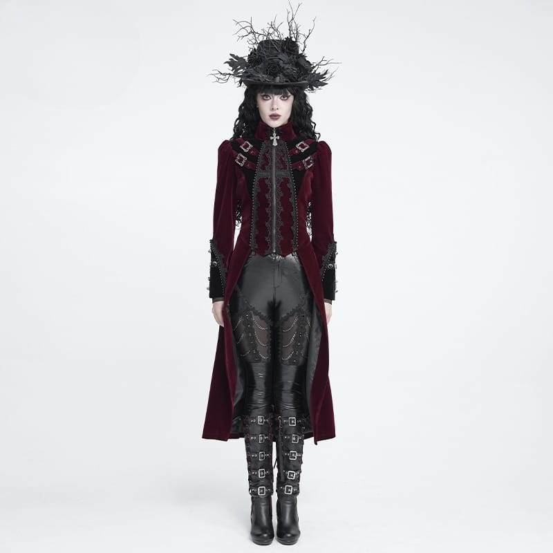 DEVIL FASHION Women's Gothic Beaded Trim Buckle Strap Zip Jacket Red
