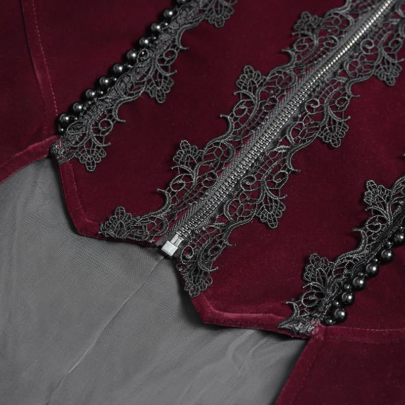 DEVIL FASHION Women's Gothic Beaded Trim Buckle Strap Zip Jacket Red