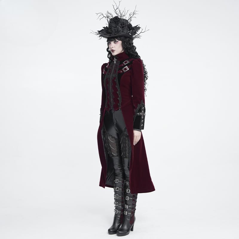 DEVIL FASHION Women's Gothic Beaded Trim Buckle Strap Zip Jacket Red
