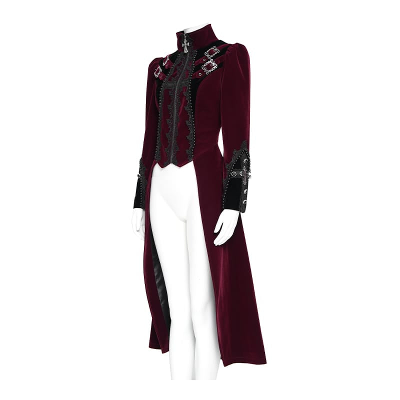 DEVIL FASHION Women's Gothic Beaded Trim Buckle Strap Zip Jacket Red