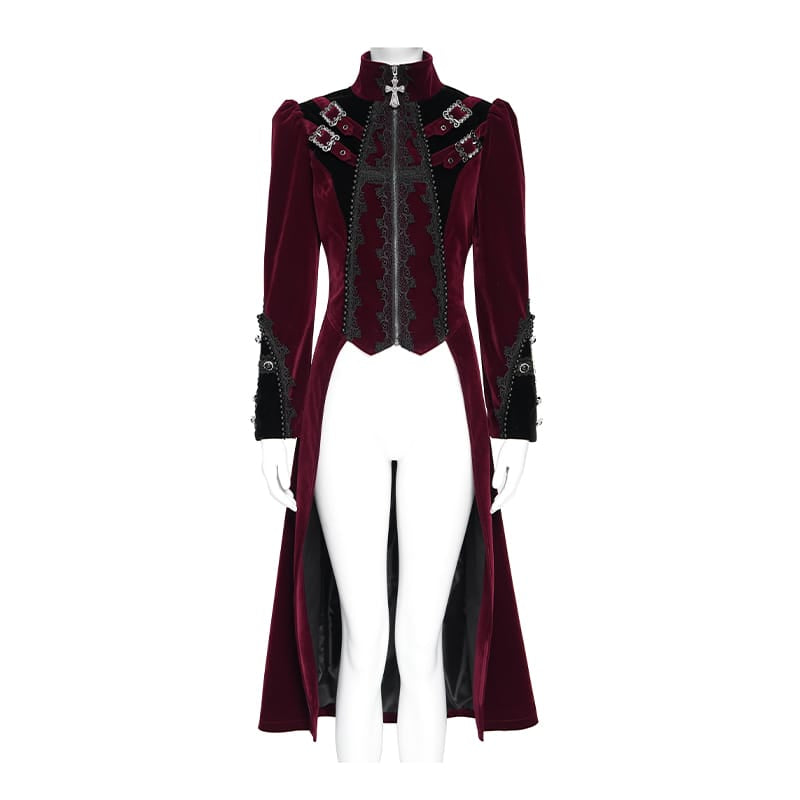 DEVIL FASHION Women's Gothic Beaded Trim Buckle Strap Zip Jacket Red